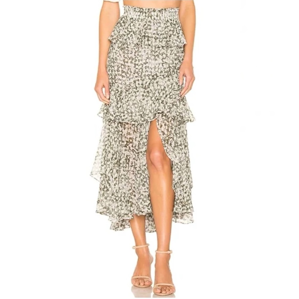 MISA LOS ANGELES gray green floral print JOSEVA TIERED RUFFLE MIDI SKIRT